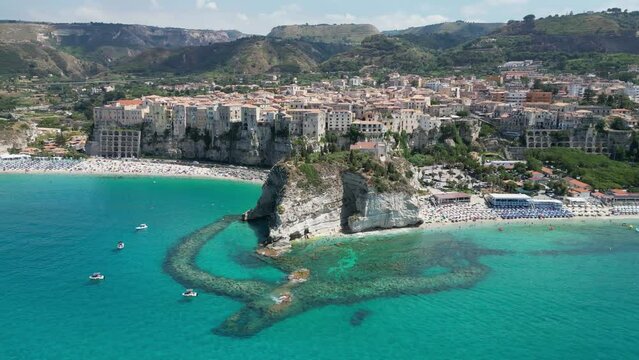 Tropea Beaches, Cliff and Coastal Village in Calabria, Italy - Aerial 4k Circling
