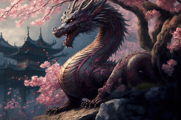illustration of the dragon in red flowers