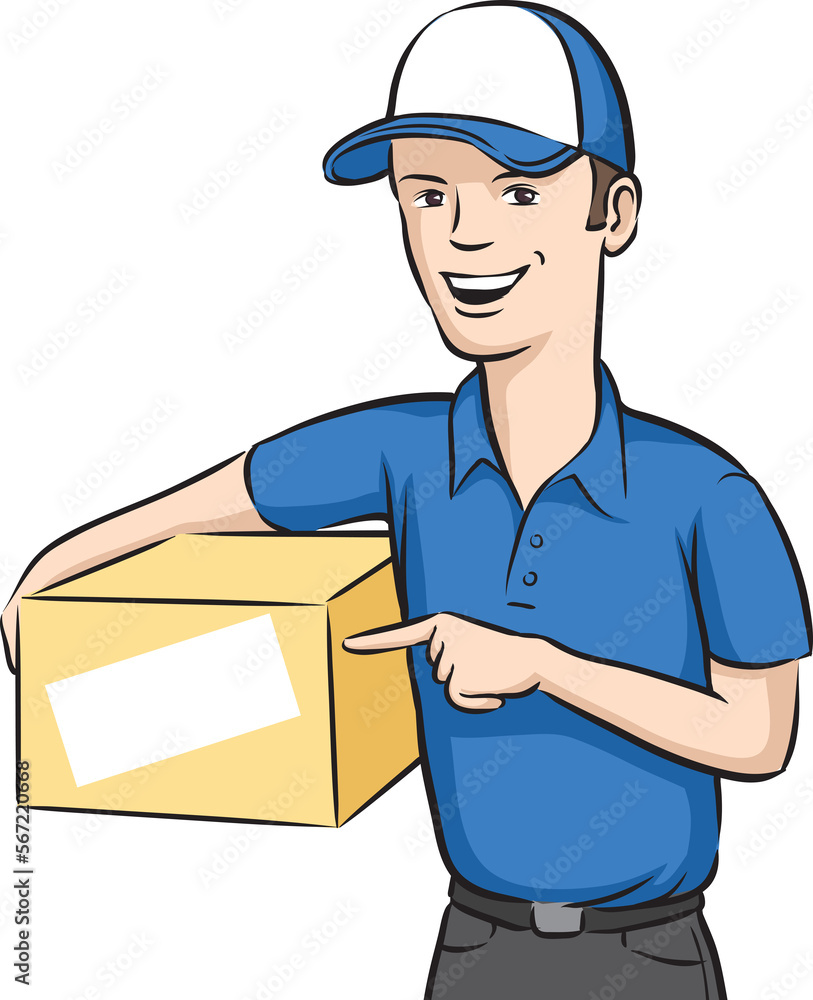 Poster delivery man smiling with box - png image with transparent background