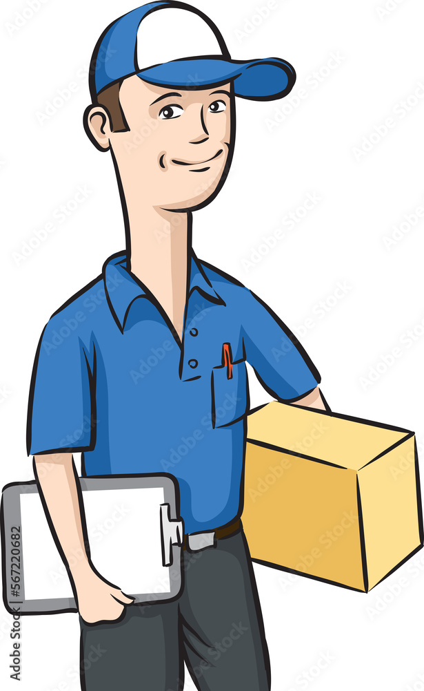Poster delivery man with box and clipboard - png image with transparent background