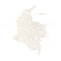 Low poly map of Colombia. Gold polygonal wireframe. Glittering vector with gold particles on white background. Vector illustration eps 10.