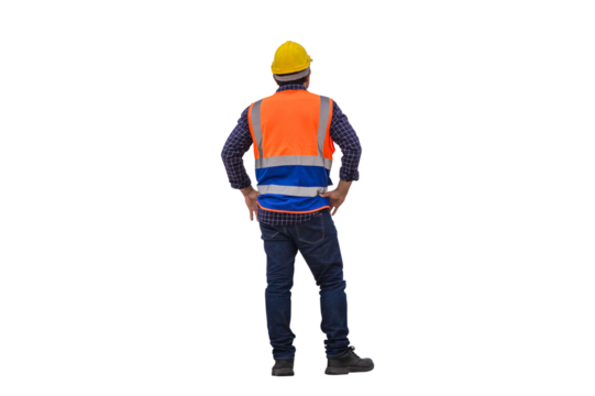 Rear view of Engineer under inspection and checking project at the building site, Foreman worker in hardhat at the infrastructure construction site