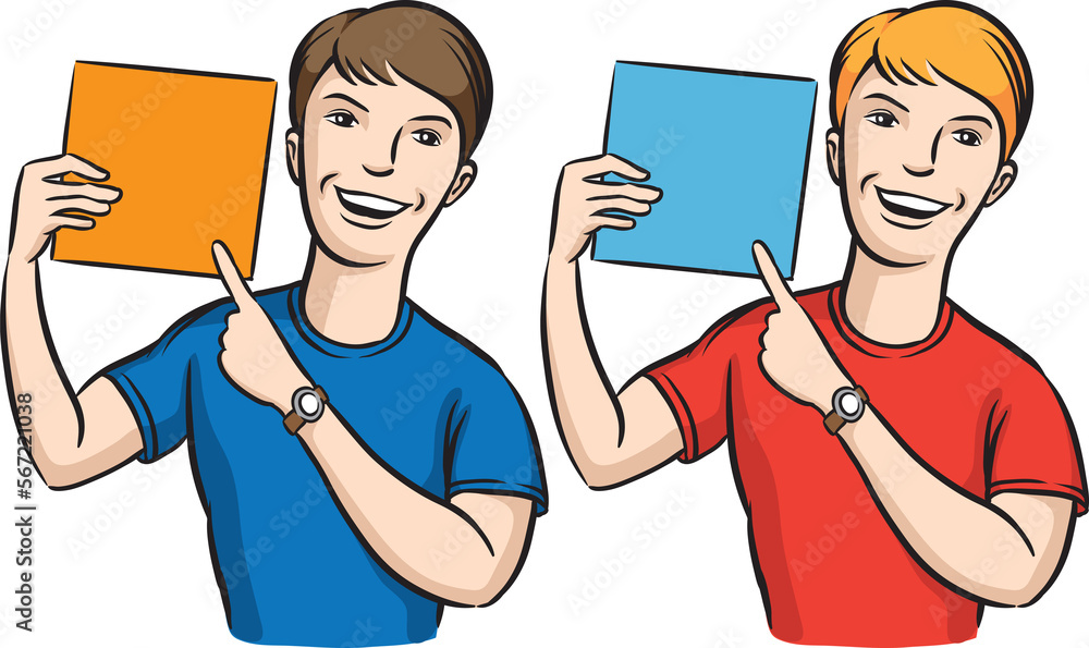 Poster smiling man pointing finger at blank placard - png image with transparent background