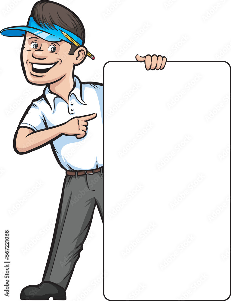 Poster smiling reporter pointing at blank placard - png image with transparent background
