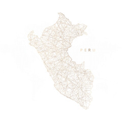 Low poly map of Peru. Gold polygonal wireframe. Glittering vector with gold particles on white background. Vector illustration eps 10.