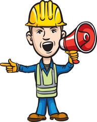 three cartoon workers with warning - PNG image with transparent background