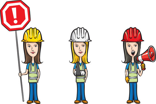 three cartoon women workers with sign injured megaphone on white background - PNG image with transparent background