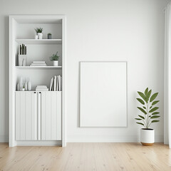 internal simulation Bookshelves, plants and curtains. Blank wall with vertical posters.