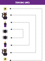 Tracing lines for kids. Cartoon Halloween elements.