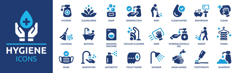 Plakat Hygiene icon set. Containing cleaning, disinfection, soap, bathing, sweep, shower, washing hands, clean and sanitation icons. Cleanliness concept. Solid icon collection.