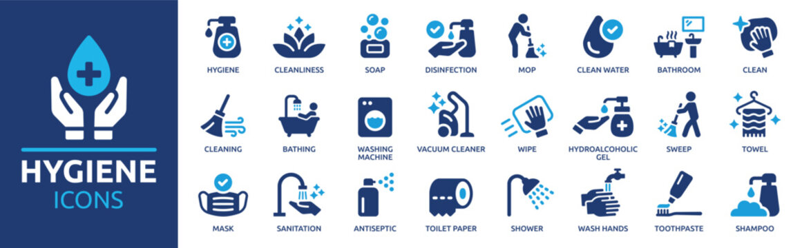 Hygiene icon set. Containing cleaning, disinfection, soap, bathing, sweep, shower, washing hands, clean and sanitation icons. Cleanliness concept. Solid icon collection.
