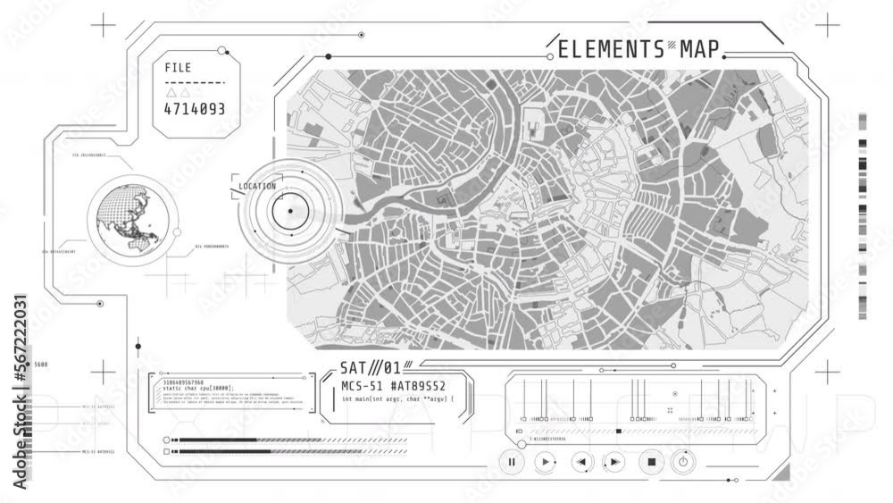 Poster interface with a city map in hud style.