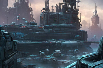 Sci-Fi future city, landscape, robots, ships.