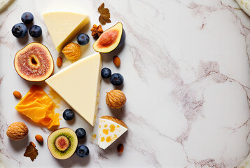 Fototapeta na wymiar Corner border of a selection of cheeses, figs, nuts and honey. Above view banner on a white marble background with copy space. Generative