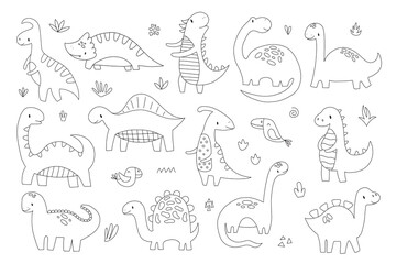 Cute dinosaurs and tropical birds. Collection of funny cartoon dinosaurs. Hand drawn vector doodles for kids. Black and white, monochrome