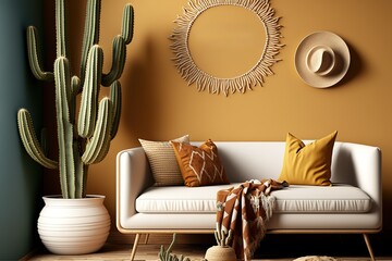 Boho cozy living room design, bright wall mockup, 3d render, 3d illustration