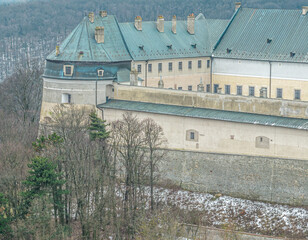 Aerial closeup view of Cerveny Kamen castle circular gun bastions with loopholes in Slovakia