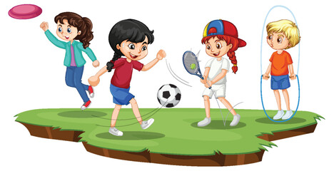 Happy children playing different sports
