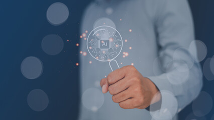 Hand's man holding magnifying glass AI search engine for data and connection  internet  global for...