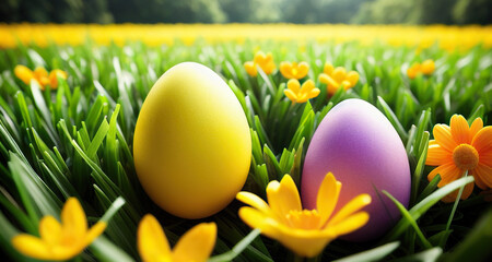Easter Eggs with Spring Flowers and Grass generative AI