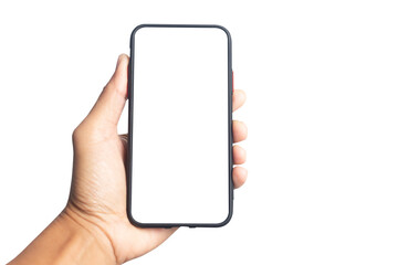 Hand holding black smartphone with white screen mockup and isolated on transparent background  , PNG file smartphone frameless application design concept. - obrazy, fototapety, plakaty