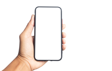 Hand holding black smartphone with white screen mockup and isolated on transparent background  , PNG file smartphone frameless application design concept.