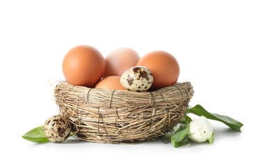 Nest with Easter eggs and tulip flower isolated on white background