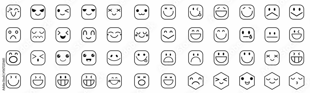 Poster big set of emoticon smile icons. cartoon emoji set. vector emoticon set with hexagonal and ovale bla
