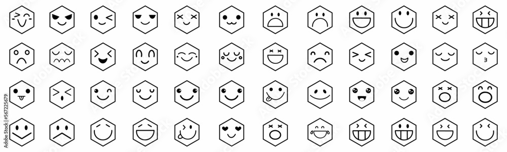 Poster big set of emoticon smile icons. cartoon emoji set. vector emoticon set with hexagonal black color