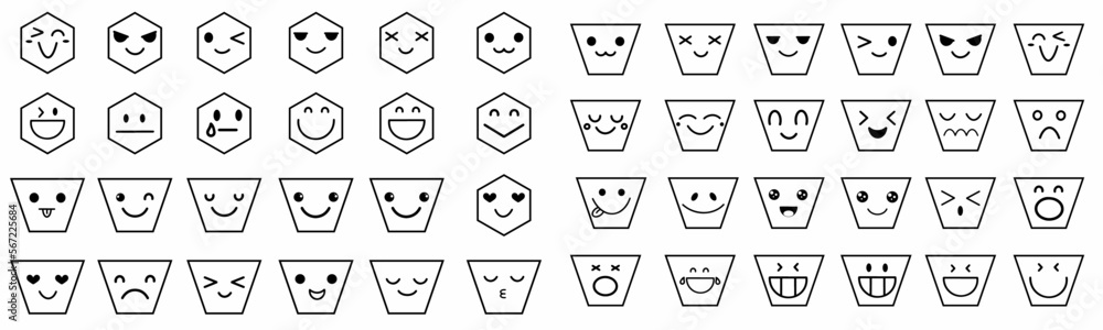 Poster big set of emoticon smile icons. cartoon emoji set. vector emoticon set with hexagonal and square bl