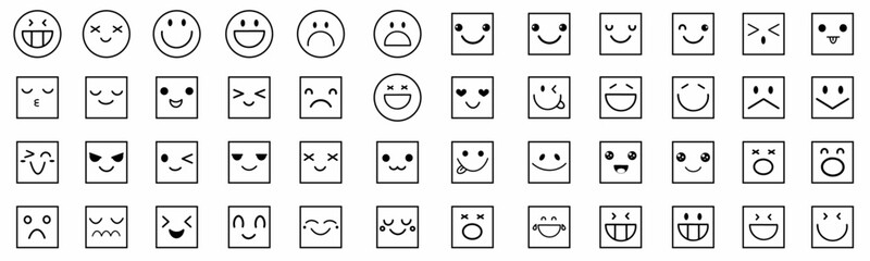 Big set of emoticon smile icons. Cartoon emoji set. Vector emoticon set with cyrcle and square black color