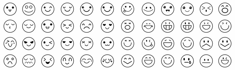 Big set of emoticon smile icons. Cartoon emoji set. Vector emoticon set with black color