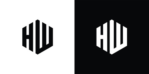 Letter H W polygon, Hexagonal minimal and professional logo design on black and white background