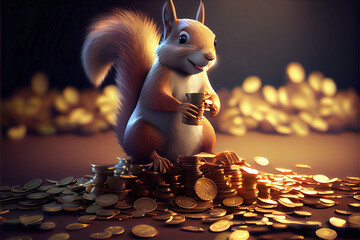 Cute funny kawaii squirrel keeping an eye on a mount of gold coins like he wants to save money, reworked and enhanced ai generative mattepainting illustration