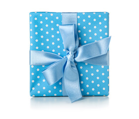 Blue gift box with bow on white background. International Women's Day celebration