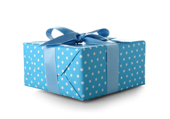 Blue gift box with bow on white background. International Women's Day celebration