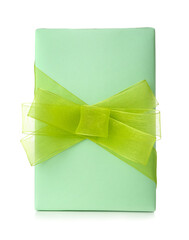 Green gift box with bow on white background. International Women's Day celebration