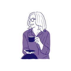 minimalistic hand drawn illustration of woman drinking coffee and relaxing