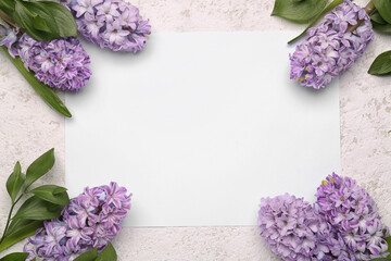 Composition with beautiful hyacinth flowers and blank card on light background. Hello spring