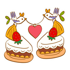 Strawberry shortcake love birds couple Valentine's day illustration
