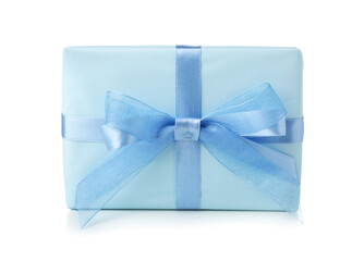 Beautiful gift box wrapped in blue paper on white background