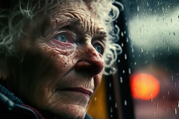 Scared very old lady looking a window at night in a rainy night. Generative AI