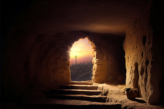Easter. Empty tomb of Jesus with crosses At Sunrise.