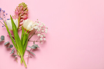 Composition with beautiful flowers on pink background. Hello spring