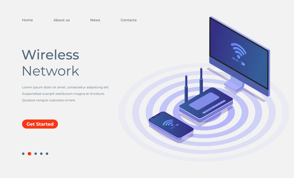 3D Isometric wireless network landing page or web banner with Wi-fi router desktop and smartphone