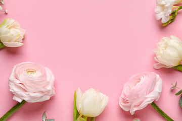 Composition with delicate flowers on pink background