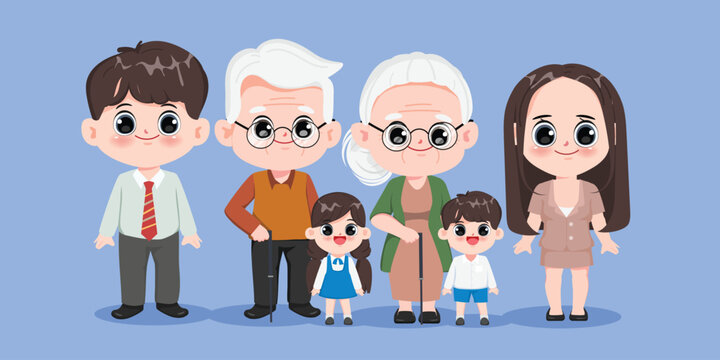 Character big family with grandmother, grandfather, mother, father, son, daughter and children.