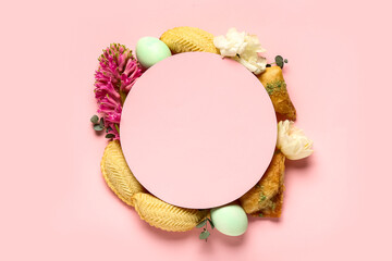 Blank card with flowers, eggs and treats on pink background. Novruz Bayram celebration