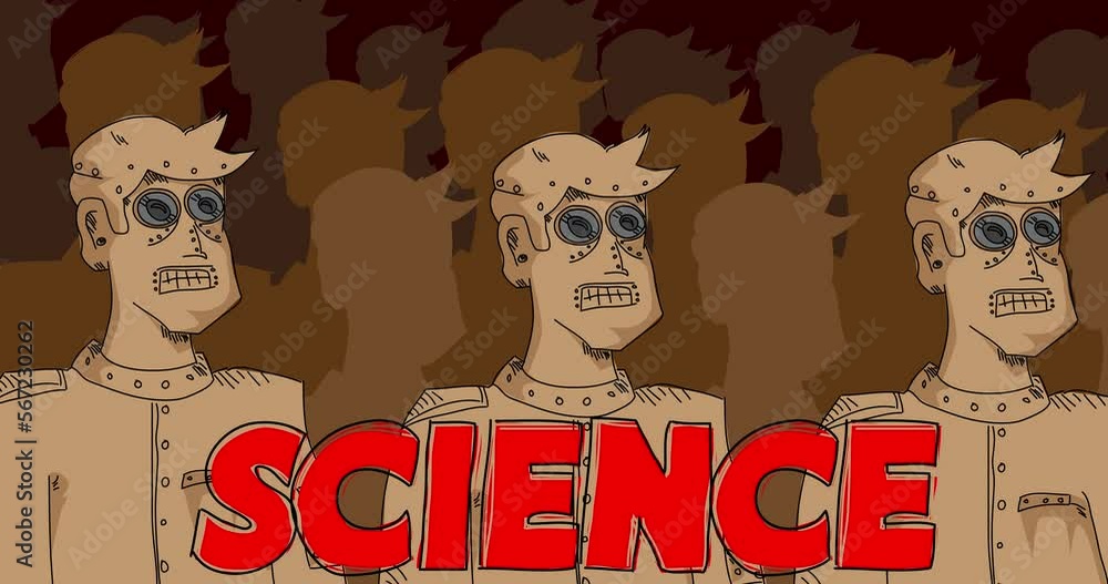 Poster robot army with science text. line art animated video. future robotics cartoon animation.