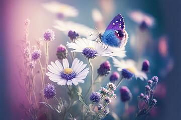 Butterfly Pollinates Daisies - Generative Ai - obrazy, fototapety, plakaty